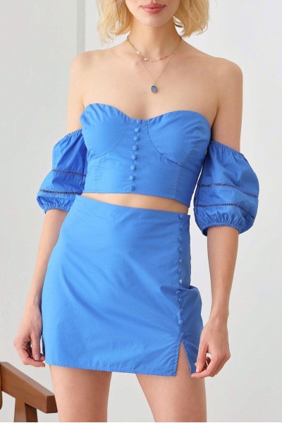 Boho Off Shoulder Puff Sleeve Ruched Bust Crop Top & A-Line Side Zipper Mini Skirt Set