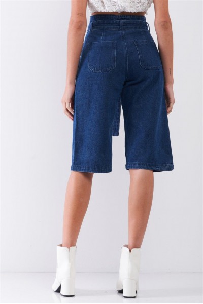 Dark Blue Denim Front Cut-Out High-Waist Buckle Self-Tie Belt Detail Midi Flare Jean Pants