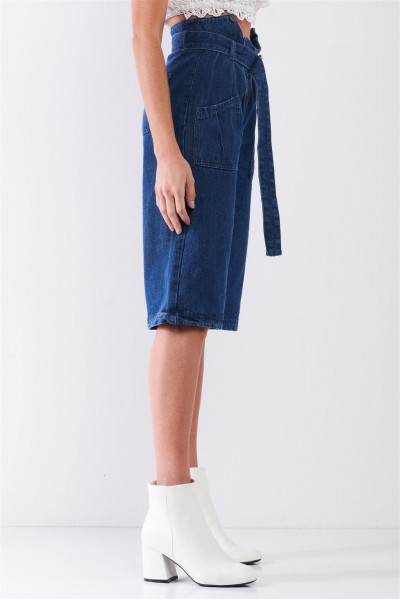 Dark Blue Denim Front Cut-Out High-Waist Buckle Self-Tie Belt Detail Midi Flare Jean Pants