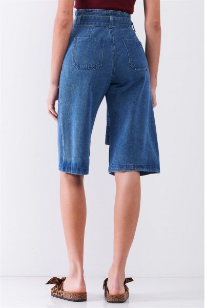 Blue Denim High-Waist Buckle Belt Midi Flare Jean Pants