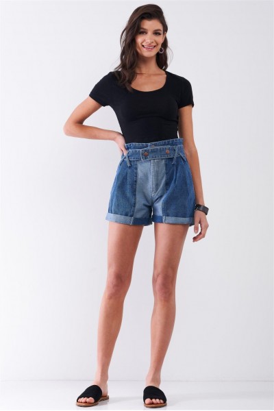 Mid-Blue Two Tone Wash High-Waisted Cuffed Denim Mom Shorts