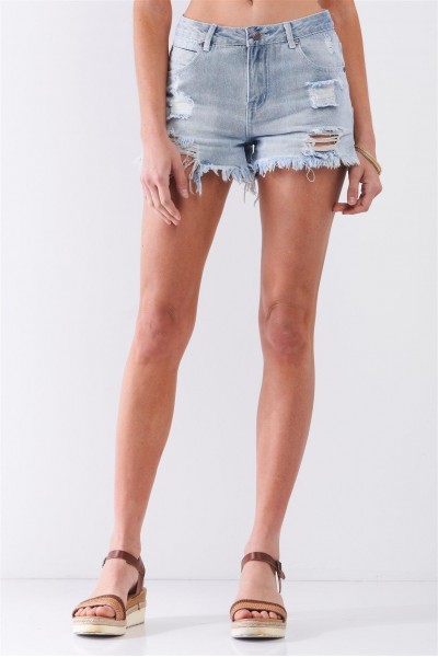 Light-Blue Wash Destroyed High-Waisted Raw Hem Denim Shorts