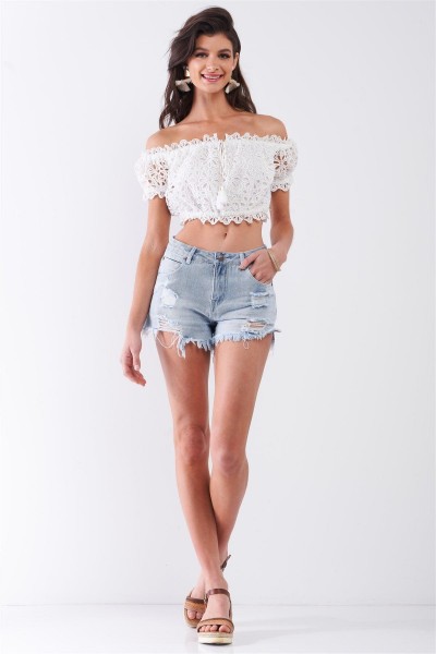 Light-Blue Wash Destroyed High-Waisted Raw Hem Denim Shorts