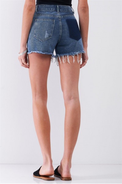 Mid-Blue Wash Destroyed High-Waisted Denim Shorts