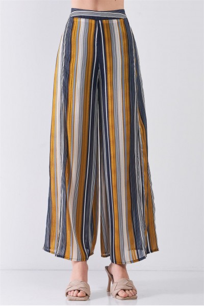 Striped Glitter Stitching High Waist Side Slit Wide Leg Pants