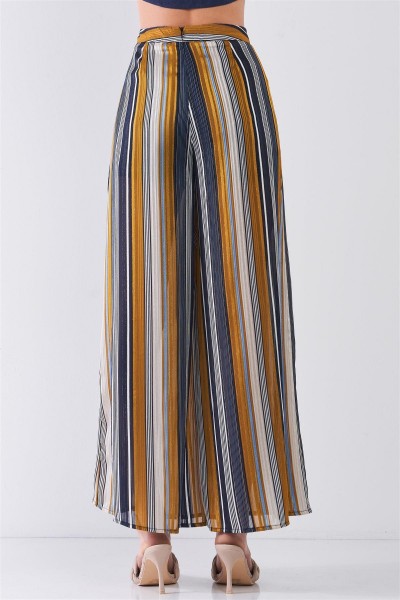 Striped Glitter Stitching High Waist Side Slit Wide Leg Pants