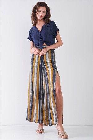 Striped Glitter Stitching High Waist Side Slit Wide Leg Pants