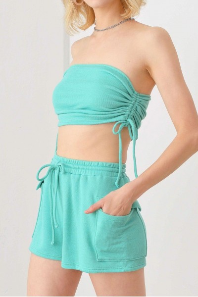 Soft Fabric Side Tie Crop Strapless & Mid Waist Short Elastic Waist Front Tie Short Set