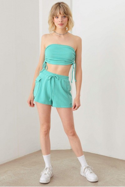 Soft Fabric Side Tie Crop Strapless & Mid Waist Short Elastic Waist Front Tie Short Set