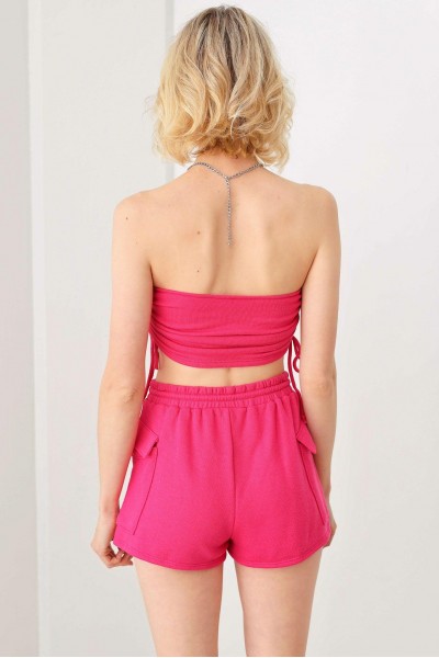 Soft Fabric Side Tie Crop Strapless & Mid Waist Short Elastic Waist Front Tie Short Set