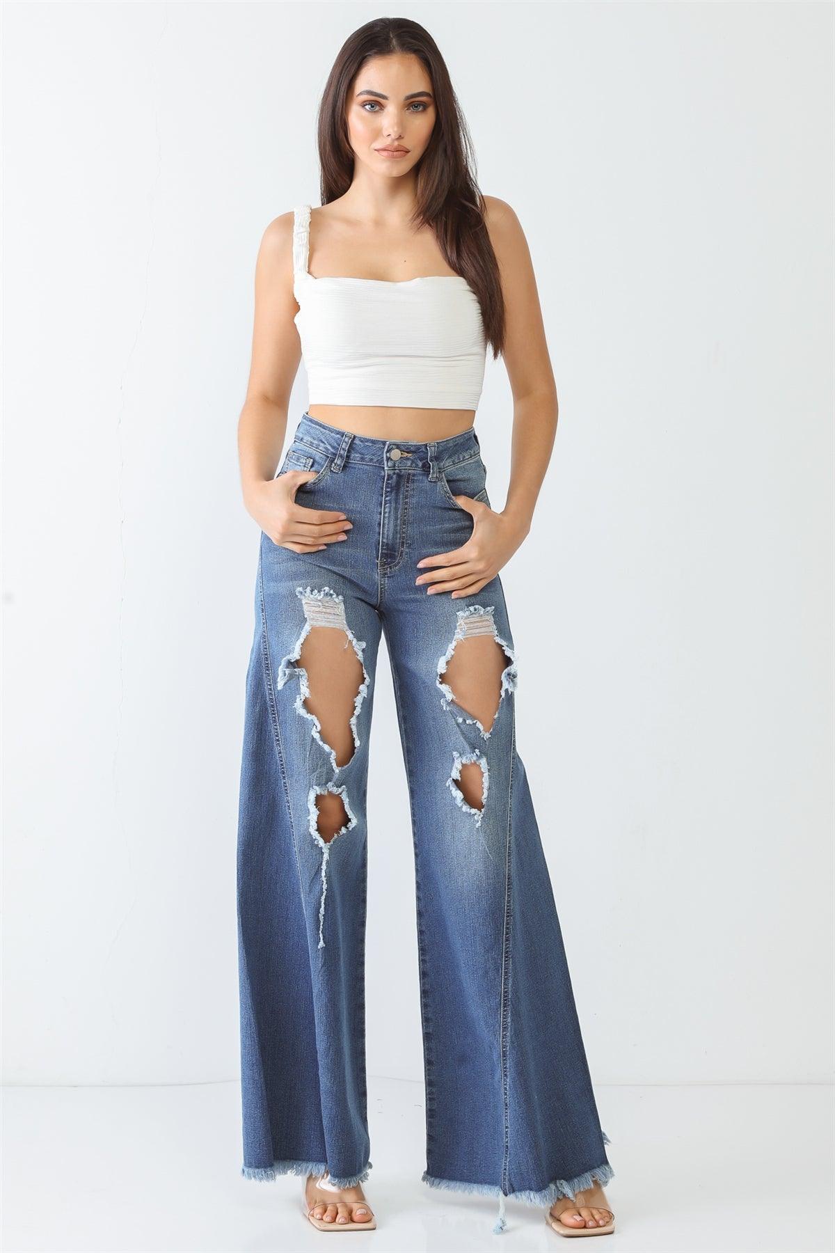 Denim Cotton Cut-Out Five Pocket High Waist Flare Jeans