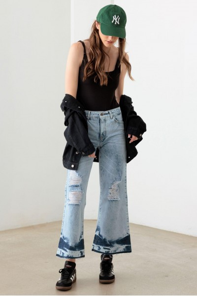 Blue Acid Washed Cotton Destroyed Cropped Jeans