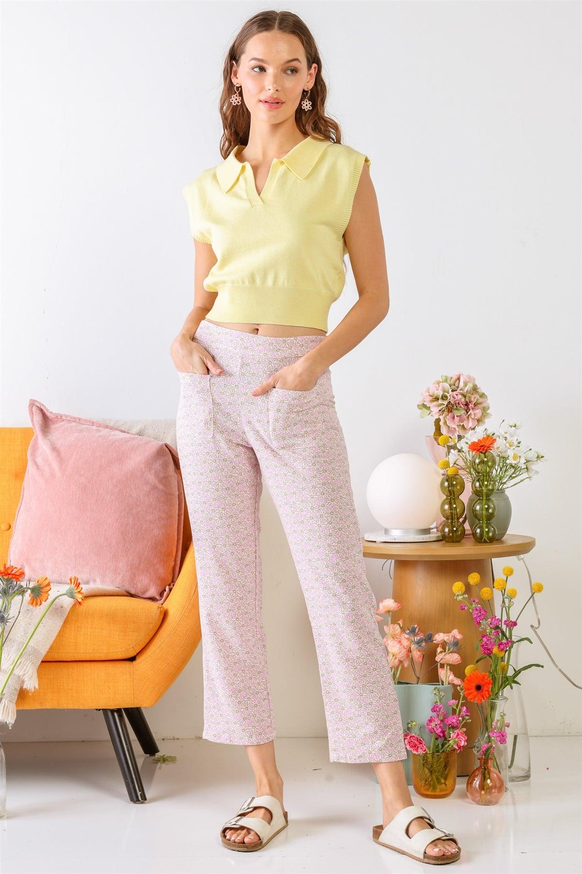 Pink & Cream Chamomile Print Two Pocket High Waist Pants /3-2-1