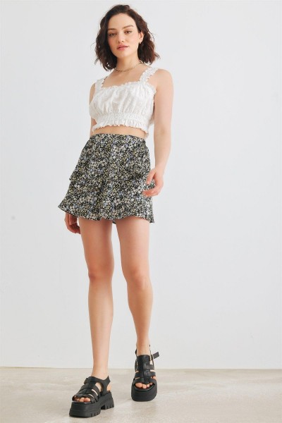 Black Multi Floral High Waist Tiered Mini Skirt /3-2-1