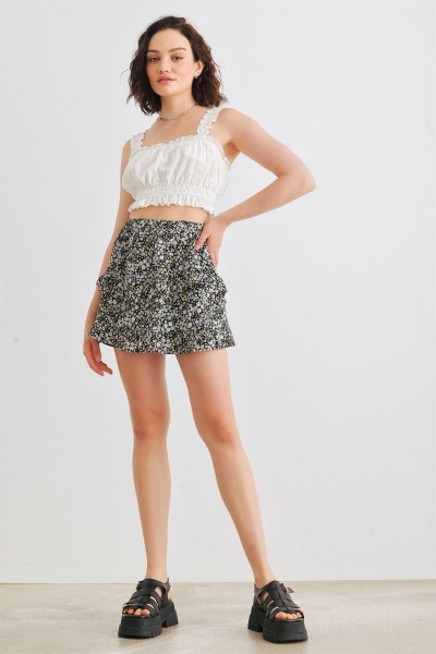 Black Multi Floral High Waist Tiered Mini Skirt /3-2-1