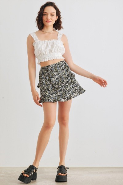 Black Multi Floral High Waist Tiered Mini Skirt /3-2-1