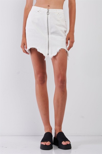 High Waist Shark Bite Hem Front Zip Mini Denim Skirt