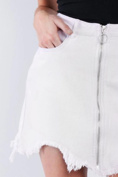 High Waist Shark Bite Hem Front Zip Mini Denim Skirt