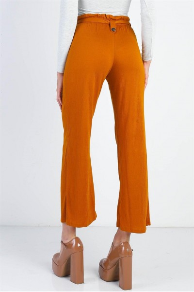 Rust Textured Self-Tie Belted Culotte Pants