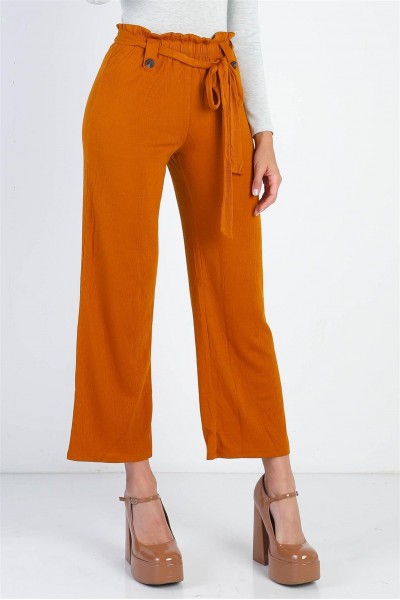 Rust Textured Self-Tie Belted Culotte Pants