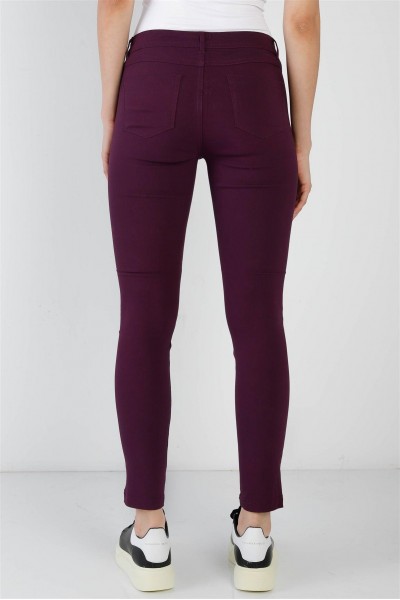 Purple Plum Contrast Button Mid Rise Skinny Pants