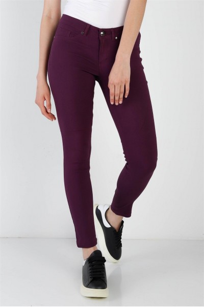 Purple Plum Contrast Button Mid Rise Skinny Pants