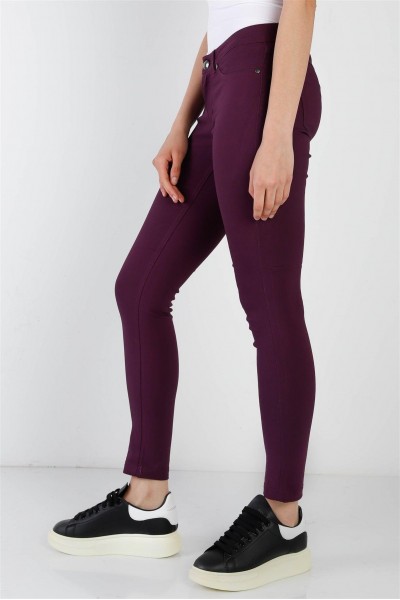 Purple Plum Contrast Button Mid Rise Skinny Pants