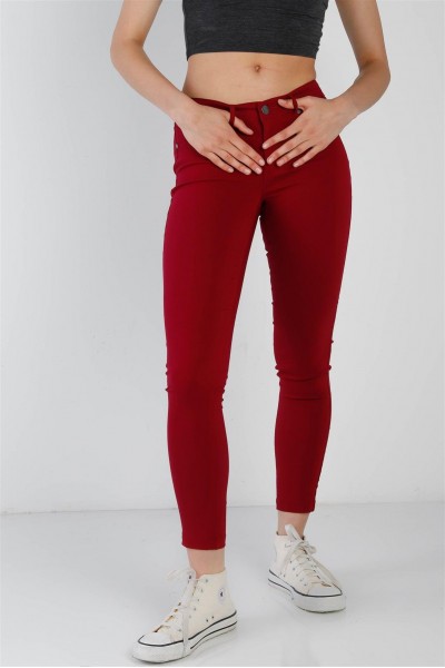 Ruby Red Contrast Button Mid Rise Skinny Pants