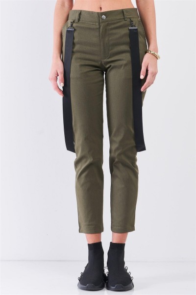 Olive Mid-Rise Detachable Utility Straps Detail Straight Cut Pants