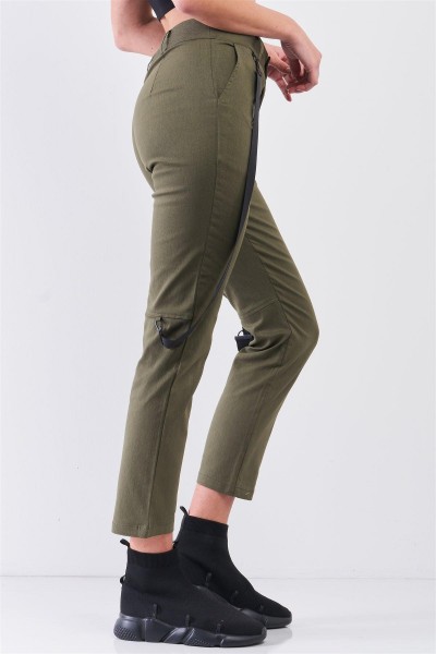 Olive Mid-Rise Detachable Utility Straps Detail Straight Cut Pants