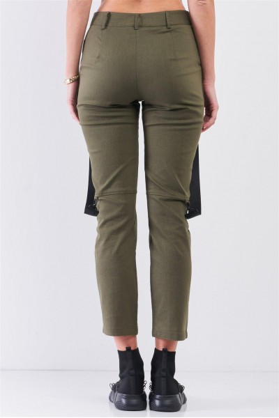 Olive Mid-Rise Detachable Utility Straps Detail Straight Cut Pants