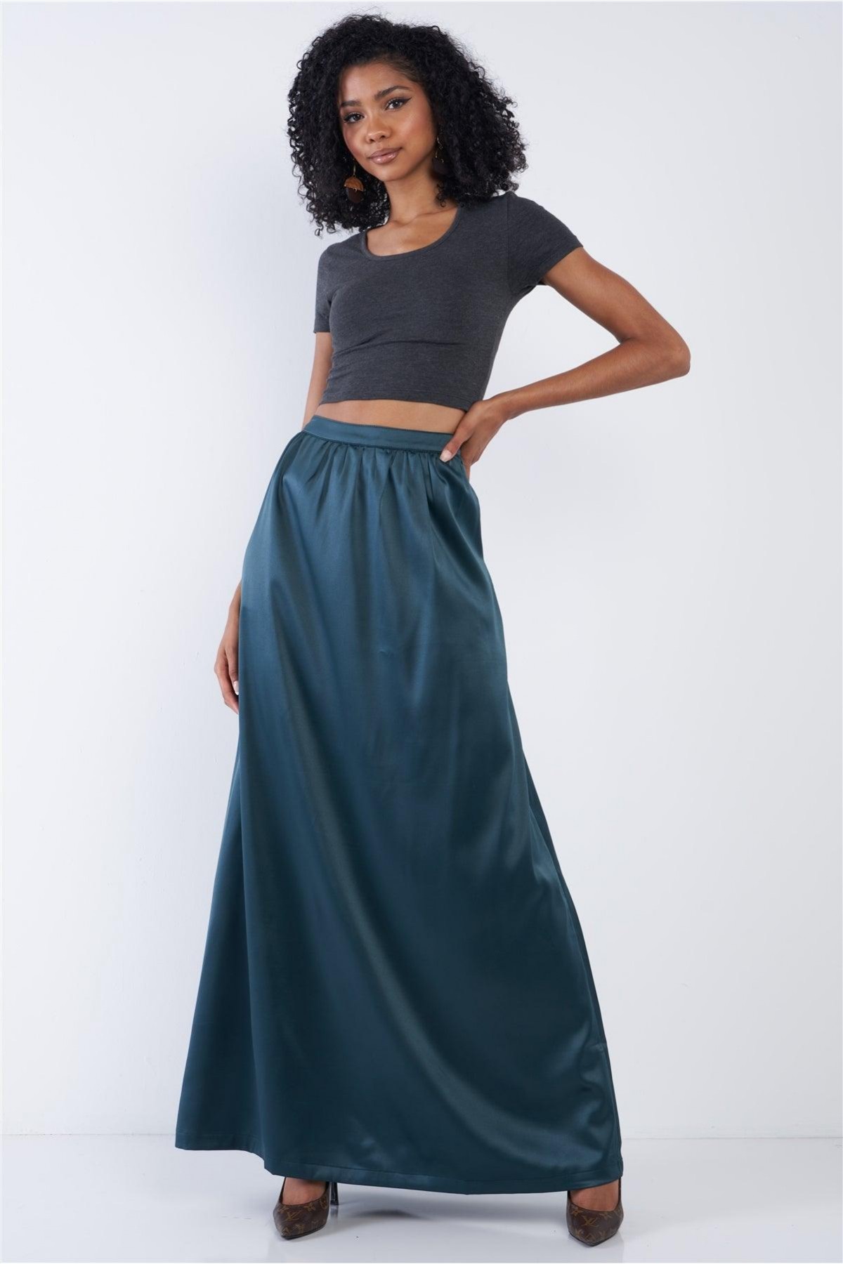 Emerald Green Satin High Waist Flowing Maxi Skirt