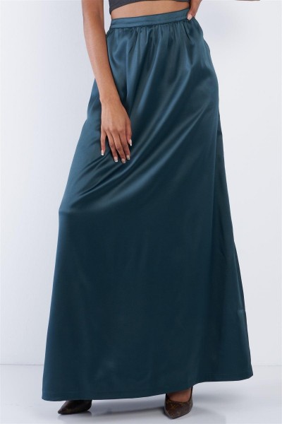 Emerald Green Satin High Waist Flowing Maxi Skirt