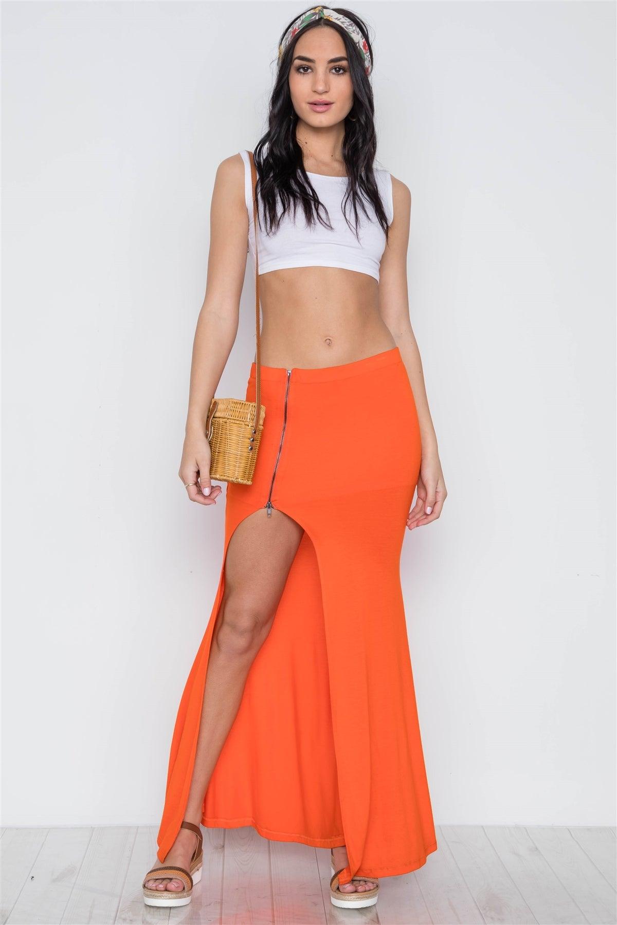 Orange Solid Zip-Front Side-Slit Maxi Skirt