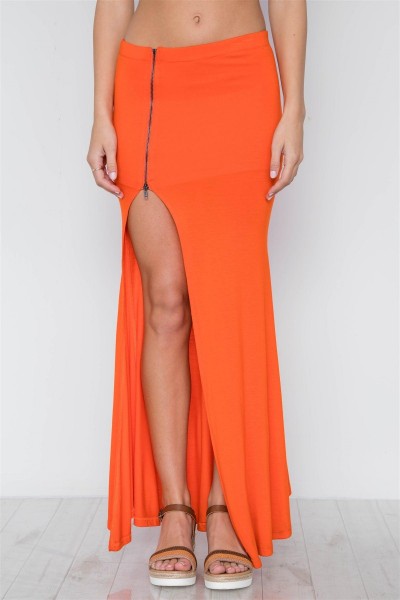 Orange Solid Zip-Front Side-Slit Maxi Skirt