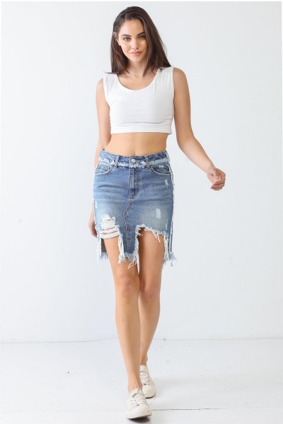 Denim Cotton Trim Torn Hem High Waist Mini Skirt