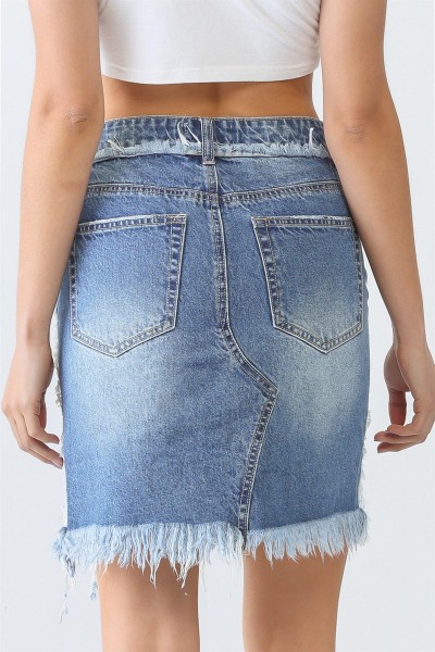 Denim Five Pocket Trim Torn Hem High Waist Mini Skirt