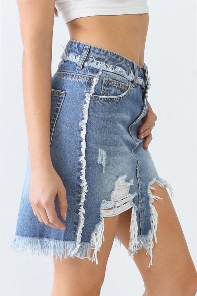 Denim Five Pocket Trim Torn Hem High Waist Mini Skirt