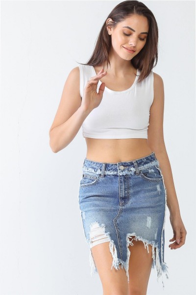 Denim Five Pocket Trim Torn Hem High Waist Mini Skirt