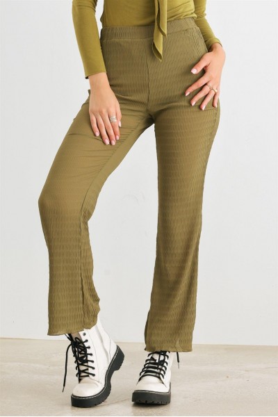 Light Olive Plisse High Waist Lettuce Hem Pants /1-2-2-1