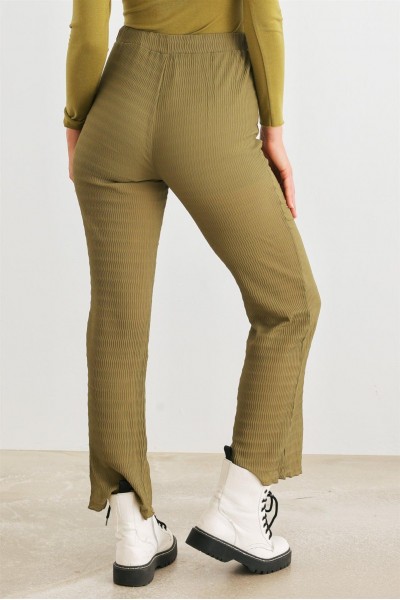 Light Olive Plisse High Waist Lettuce Hem Pants /1-2-2-1