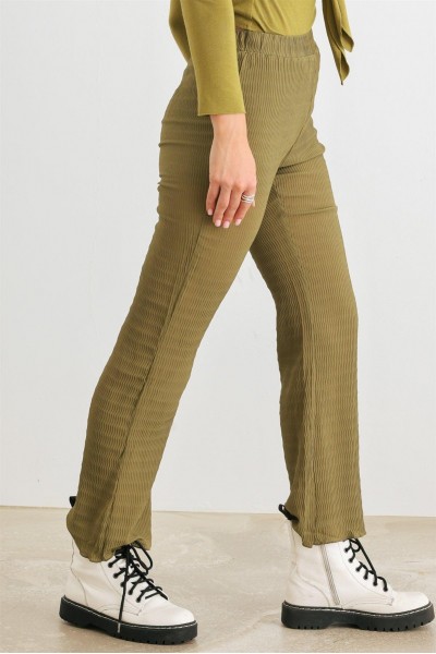 Light Olive Plisse High Waist Lettuce Hem Pants /1-2-2-1