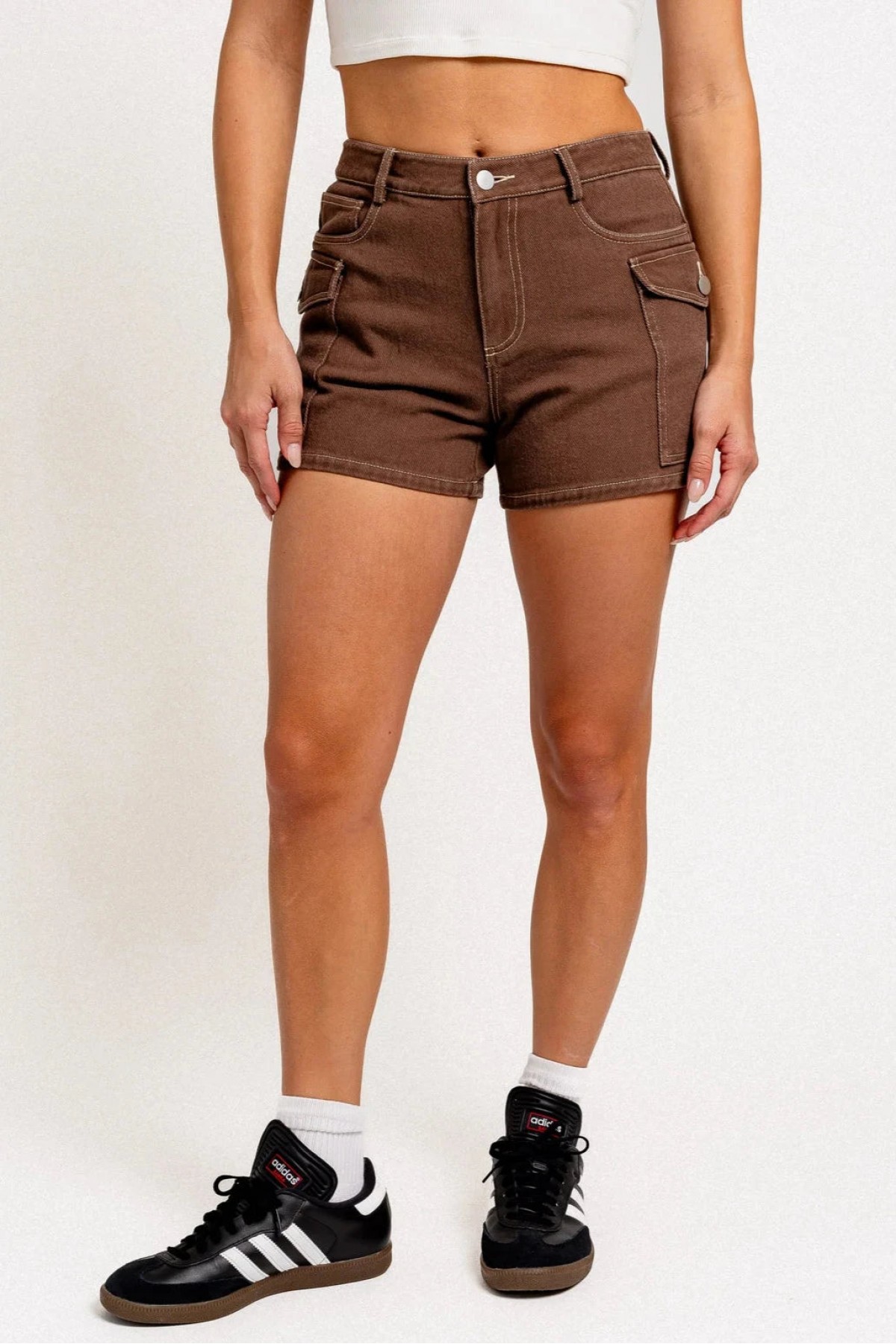 Brown Denim Mid Waist Front Pocket Shorts