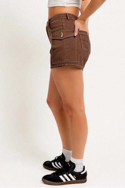 Brown Denim Mid Waist Front Pocket Shorts