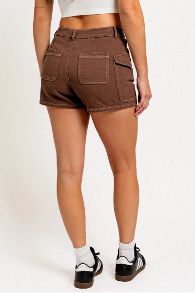 Brown Denim Mid Waist Front Pocket Shorts