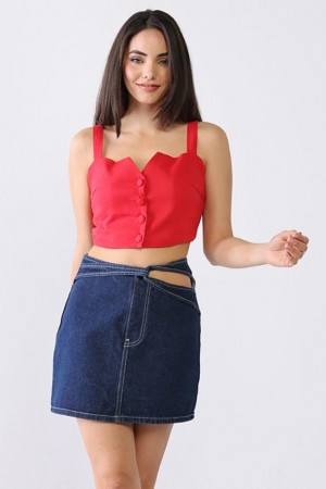 Denim Cotton Cut-Out Detail High Waist Mini Skirt