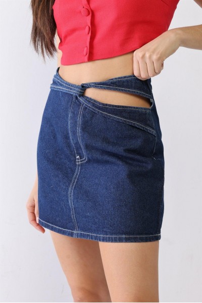 Denim Cotton Cut-Out Detail High Waist Mini Skirt