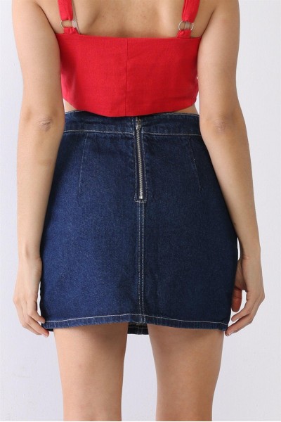 Denim Cotton Cut-Out Detail High Waist Mini Skirt