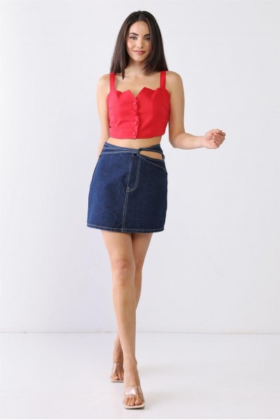 Denim Cotton Cut-Out Detail High Waist Mini Skirt