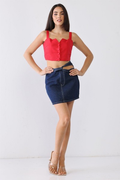 Denim Cotton Cut-Out Detail High Waist Mini Skirt